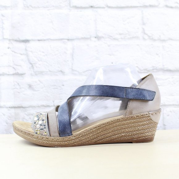 Rieker Shoes - RIEKER Blue Brown Strappy Wedge Heeled Sandals Siz